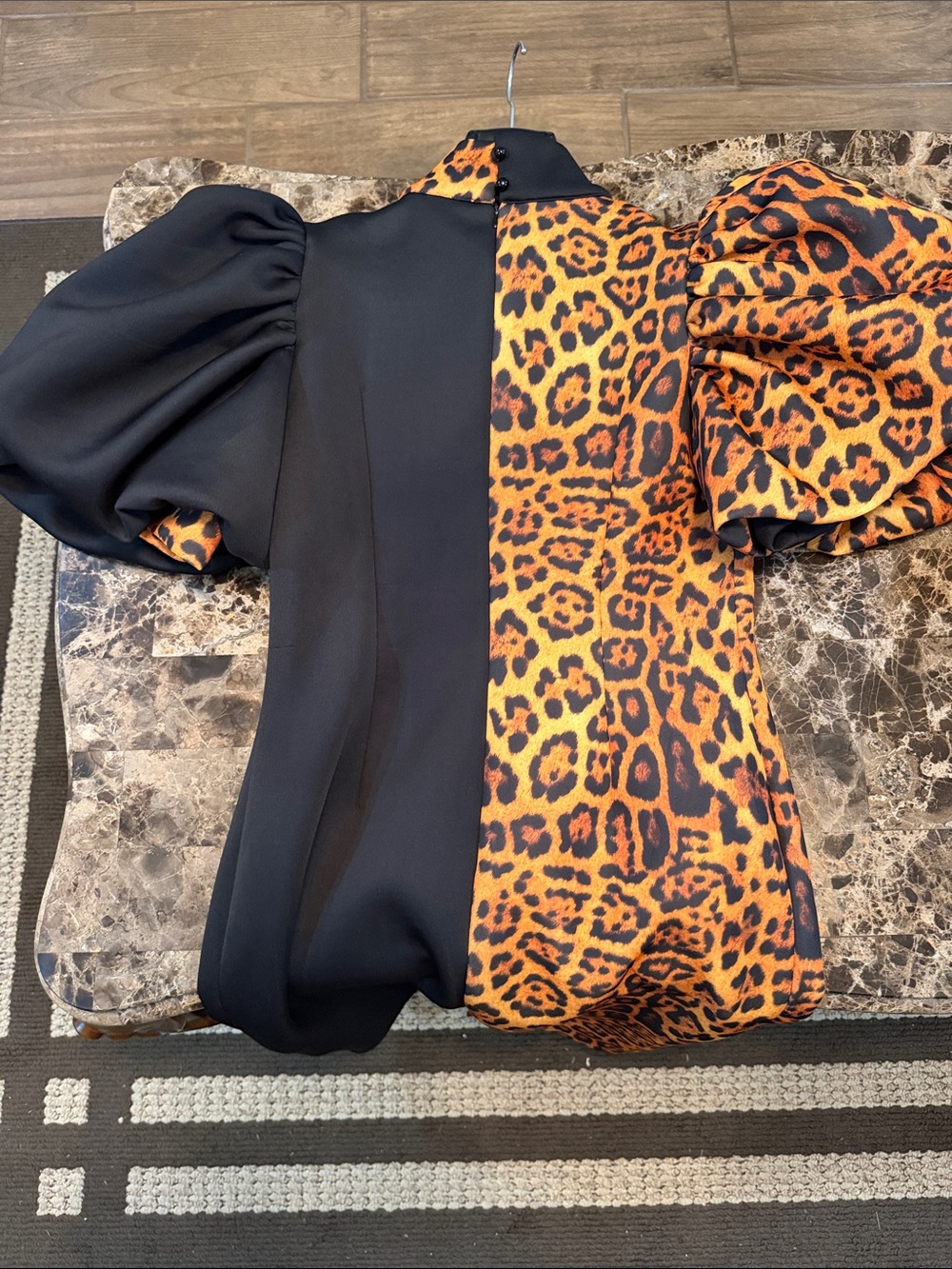 Black & Leopard Puff-Sleeve Tie-Neck Dress - Picture 3 of 3
